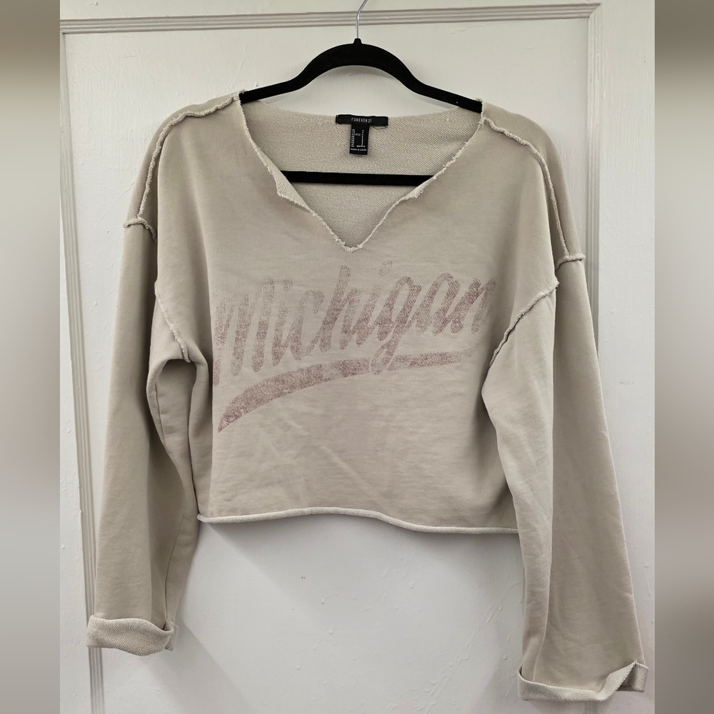 Forever 21 Beige 'Michigan' Cropped Raw-Edge Sweatshirt